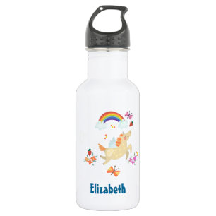 Happy Unicorn mit Regenbogenwolken und Blume Trinkflasche