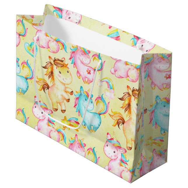 Happy Unicorns Pattern-Einhorn-Liebe in Gelb Große Geschenktüte (Vorderseite Schrägansicht)