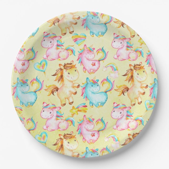 Happy Unicorns Pattern-Einhorn-Liebe in Gelb Pappteller (Vorderseite)