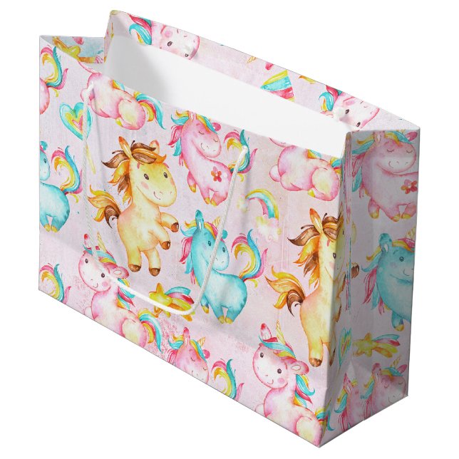 Happy Unicorns Pattern-Einhorn-Liebe in Rosa Große Geschenktüte (Vorderseite Schrägansicht)