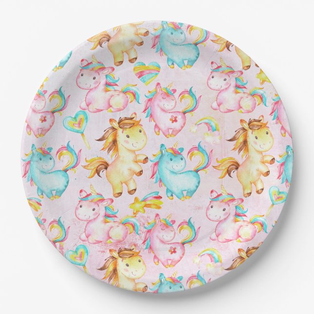 Happy Unicorns Pattern-Einhorn-Liebe in Rosa Pappteller (Vorderseite)