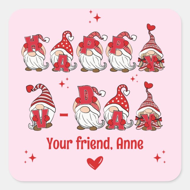 Happy V-Day Gnome Lettering Pink Klassenzimmer Quadratischer Aufkleber (Vorderseite)