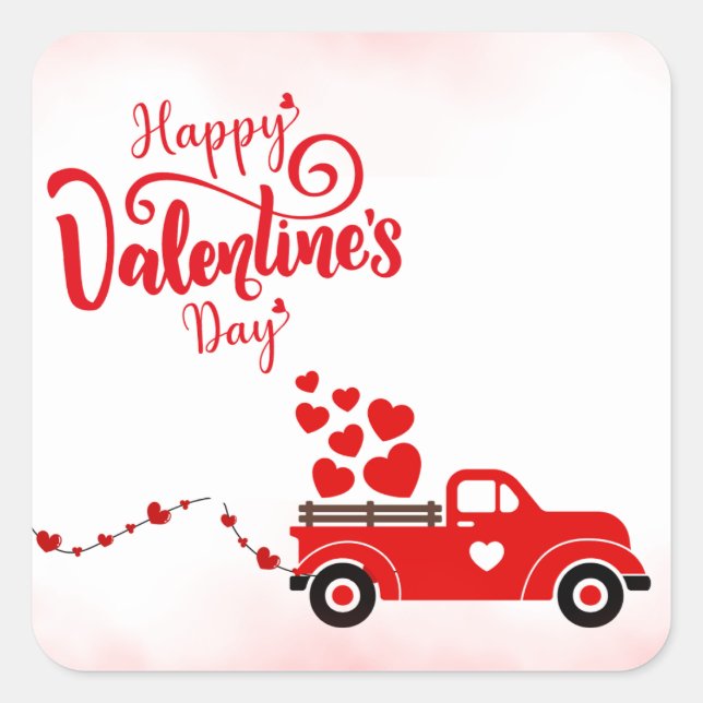 Happy Valenines Day Lkw voll von Herzen Quadratischer Aufkleber (Vorderseite)