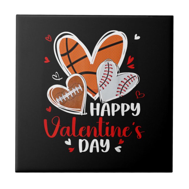 Happy Valentine Baseball Football Basketball Heart Fliese (Vorderseite)