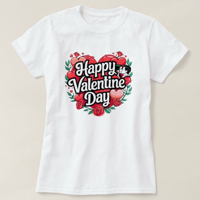 Happy Valentine Day Heart Rose Liebe auf Weiß T-Shirt (Design vorne)