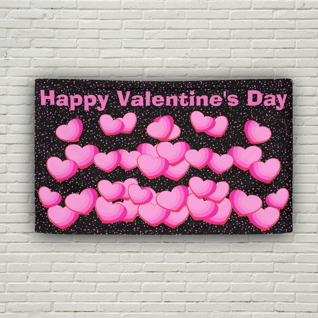 Happy Valentine Day Hübsch Pink Heart Clusters Banner (Cluster of vibrant pink hearts with pink polka dots on black Happy Valentines Day decoration banner.)