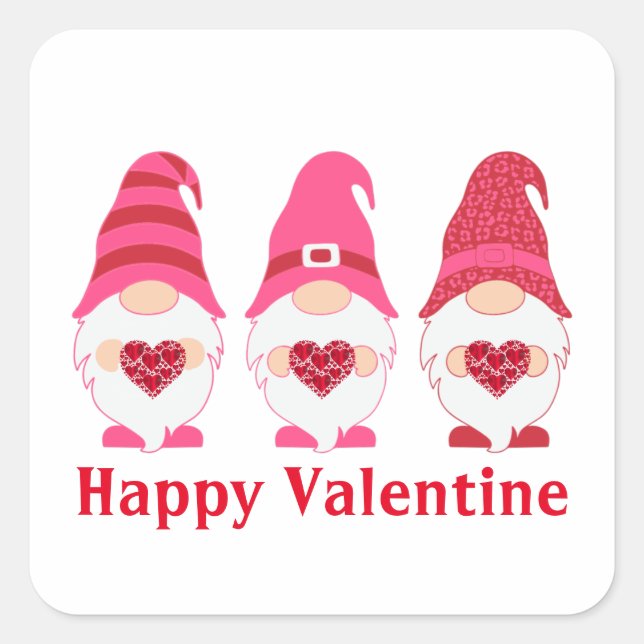 Happy Valentine Gnomes Hearts Quadratischer Aufkleber (Vorderseite)
