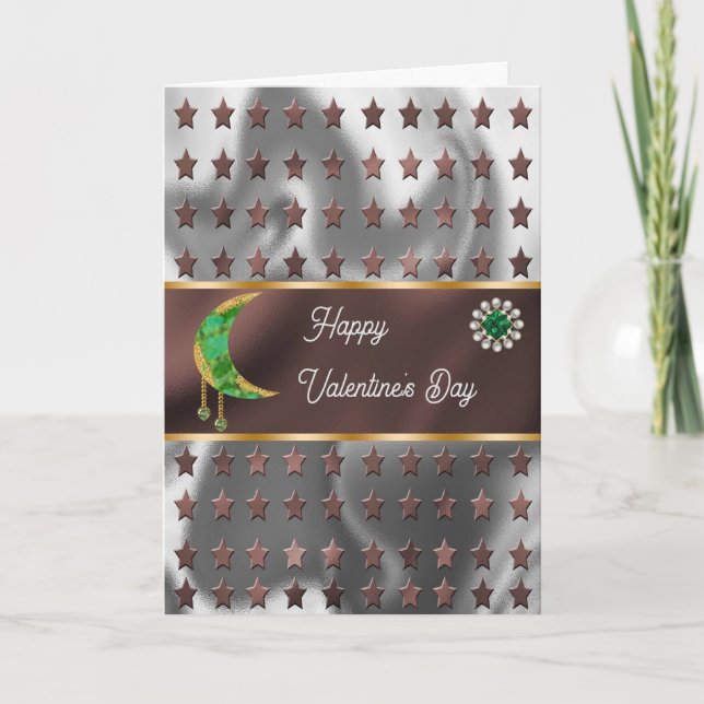 Happy Valentine Green Moon Jewels & Stars Card Karte (Vorderseite)