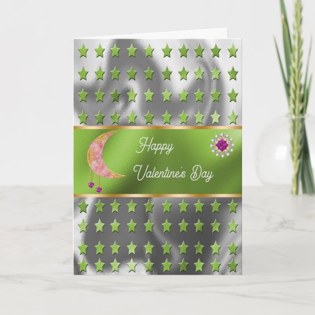 Happy Valentine Pink Moon Jewels & Stars Karte (Vorderseite)