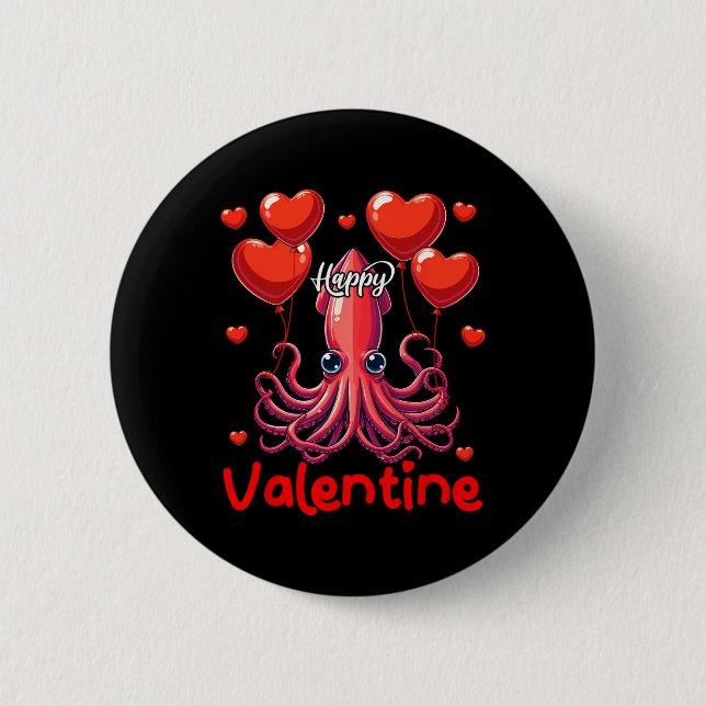Happy Valentine Tintenfisch Holding Heart Bylloons Button (Vorderseite)