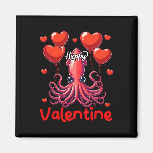 Happy Valentine Tintenfisch Holding Heart Bylloons Magnet (Vorne)