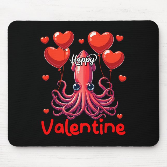 Happy Valentine Tintenfisch Holding Heart Bylloons Mousepad (Vorne)