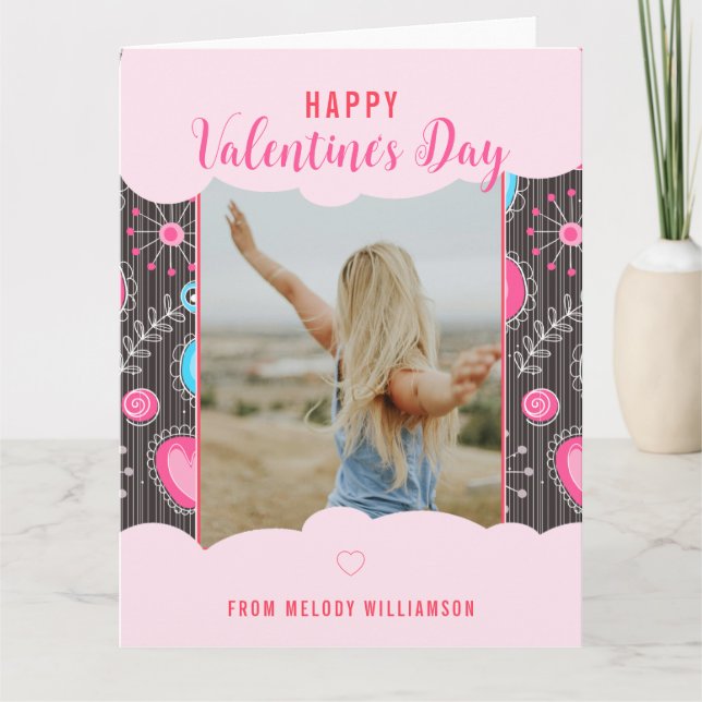 Happy Valentine Whimsy Pink Blue Heart Blume Name Karte (Vorderseite)