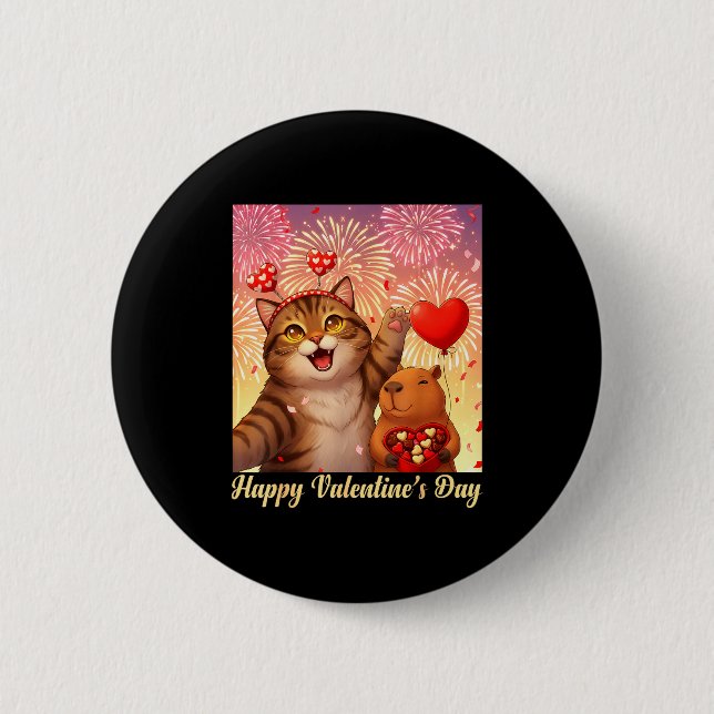 Happy Valentines 2026 Cute Cat Capybara Party Art  Button (Vorderseite)