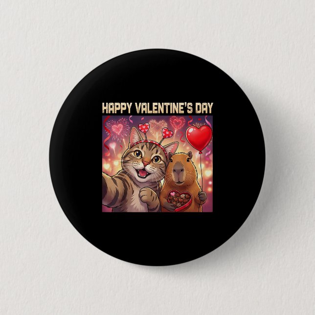 Happy Valentines 2026 Cute Cat Capybara Party Art  Button (Vorderseite)