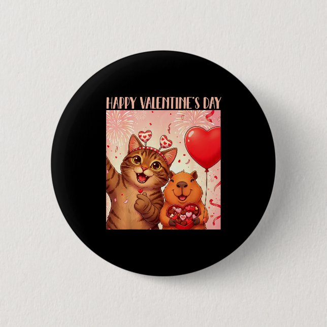 Happy Valentines 2026 Cute Cat Capybara Party Art  Button (Vorderseite)