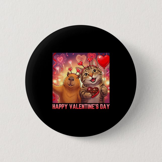 Happy Valentines 2026 Cute Cat Capybara Party Art  Button (Vorderseite)