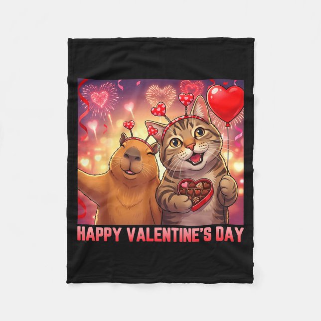 Happy Valentines 2026 Cute Cat Capybara Party Art  Fleecedecke (Vorderseite)