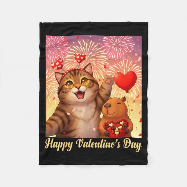 Happy Valentines 2026 Cute Cat Capybara Party Art  Fleecedecke (Vorderseite)