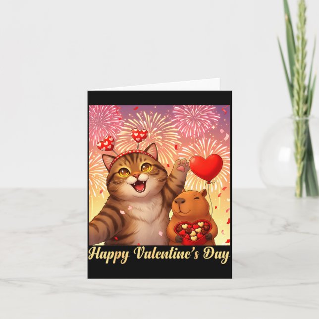 Happy Valentines 2026 Cute Cat Capybara Party Art  Karte (Vorderseite)