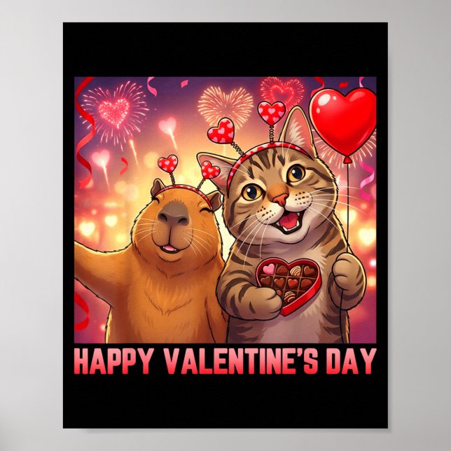 Happy Valentines 2026 Cute Cat Capybara Party Art  Poster (Vorne)