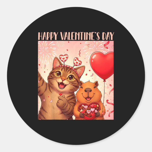 Happy Valentines 2026 Cute Cat Capybara Party Art  Runder Aufkleber (Vorderseite)