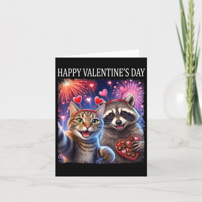 Happy Valentines 2026 Cute Cat Raccoon Party Art  Karte (Vorderseite)