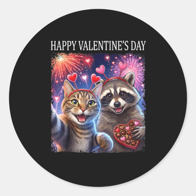 Happy Valentines 2026 Cute Cat Raccoon Party Art  Runder Aufkleber (Vorderseite)