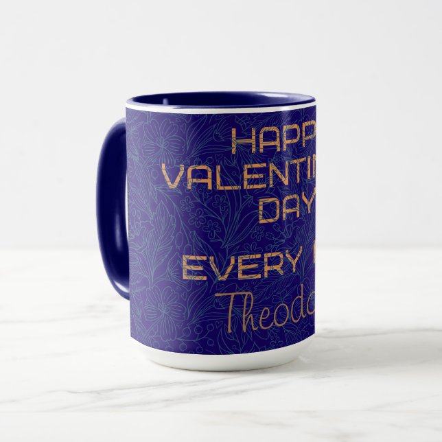 Happy Valentine's Blue Watermark Gold Frame Text Tasse (Vorderseite Links)