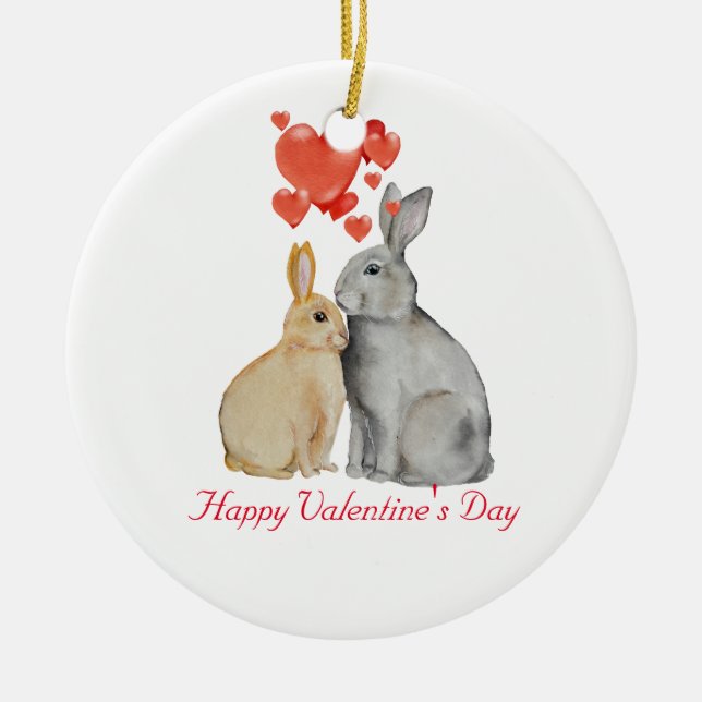 Happy Valentine's Day Aquarellbunnies Keramik Ornament (Vorne)