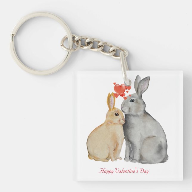 Happy Valentine's Day Aquarellbunnies Schlüsselanhänger (Vorderseite)