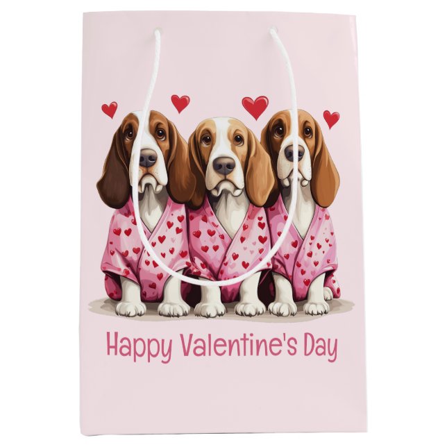 Happy Valentines Day Basset Hound Hunde Mittlere Geschenktüte (Vorderseite)
