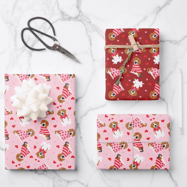 Happy Valentines Day Beagle Hunde Geschenkpapier Set (Vorderseite)