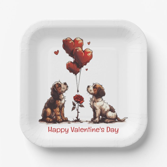 Happy Valentines Day Beagle Hunde Pappteller (Vorderseite)