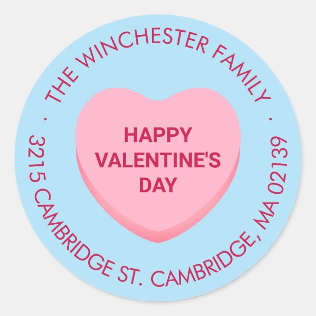 Happy Valentine's Day Blue Candy Herzenadresse Runder Aufkleber (Vorderseite)