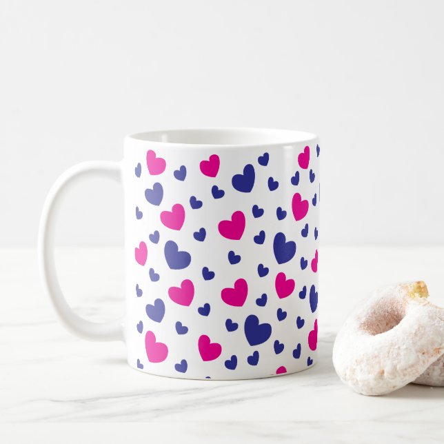 Happy Valentine's Day Blue Pink Hearts Muster Kaffeetasse (Mit Donut)