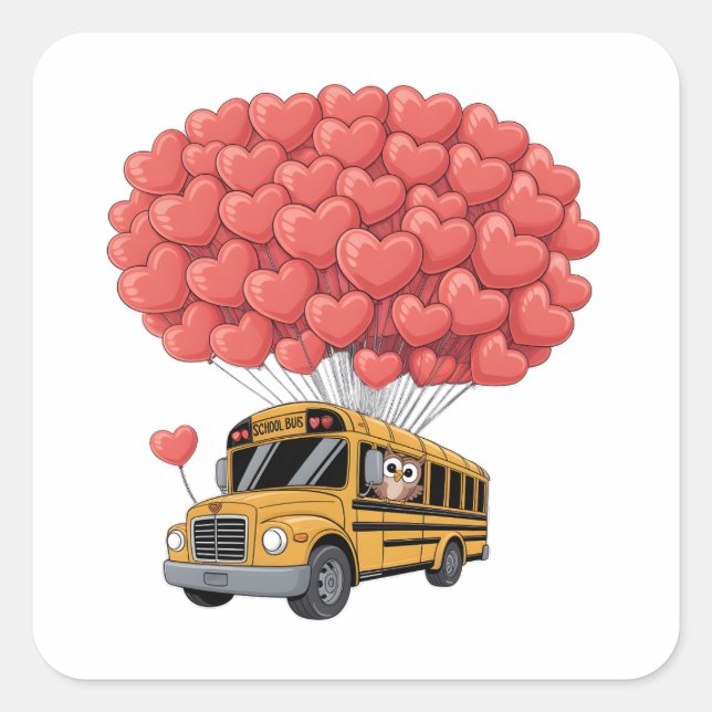 Happy Valentine's Day Bus with Owl Quadratischer Aufkleber (Vorderseite)