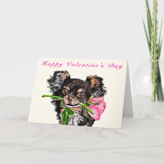 Happy Valentine's Day Card Welpe mit Rose Liebe Karte (Vorderseite)