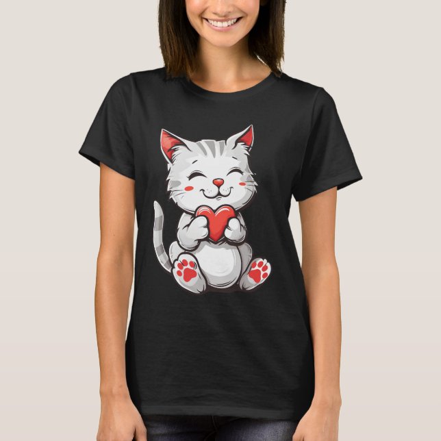 Happy Valentine's Day Cat Holding Heart T-Shirt (Vorderseite)