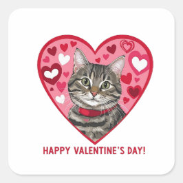 Happy Valentine's Day Cat Quadratischer Aufkleber