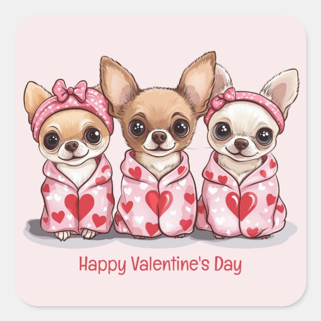 Happy Valentines Day Chihuahua Hunde Quadratischer Aufkleber (Vorderseite)