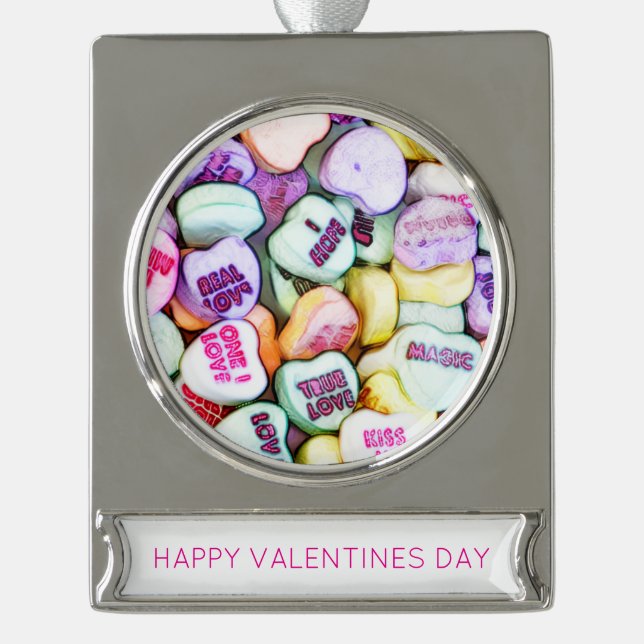 Happy Valentines Day Conversation Hört Foto Kunst Banner-Ornament Silber (Vorderseite)