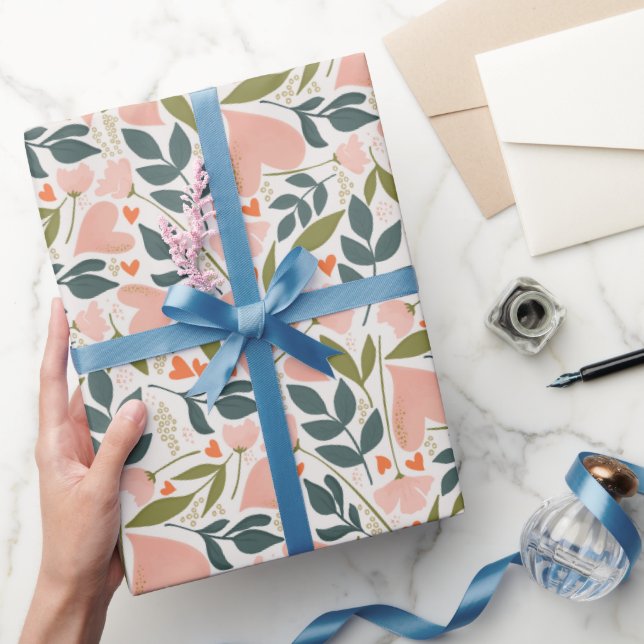 Happy Valentines Day Coral Hearts Botanische Flora Geschenkpapier (Schenken)