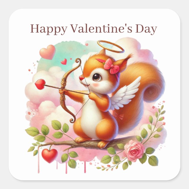 Happy Valentine's Day cupid Eichhörnchen Quadratischer Aufkleber (Vorderseite)