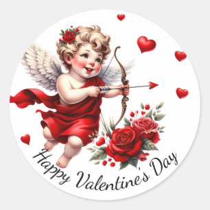 Happy Valentine's Day Cupid mit Red Hearts & Rose Runder Aufkleber