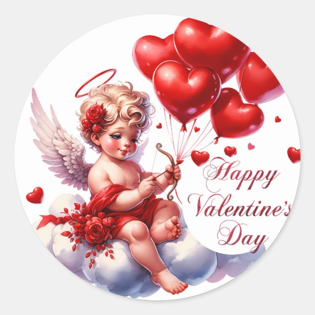 Happy Valentine's Day Cupid mit roten Herzen Runder Aufkleber (Vorderseite)