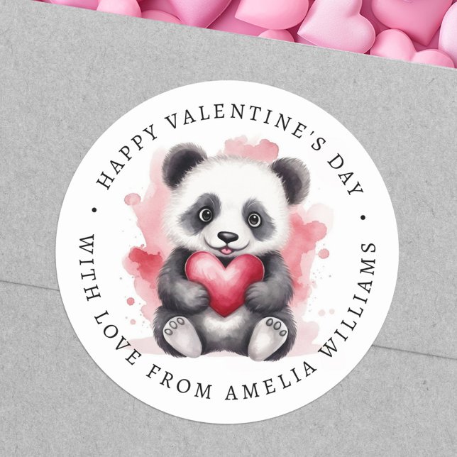 Happy Valentines day cute panda holding heart Runder Aufkleber (Happy Valentines day cute panda holding heart Classic Round Sticker)