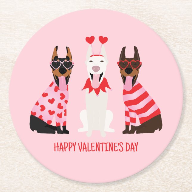 Happy Valentines Day Dobermann Hunde Runder Pappuntersetzer (Vorderseite)