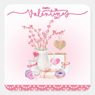 Happy Valentines Day Doughnut Vase Hearts Quadratischer Aufkleber