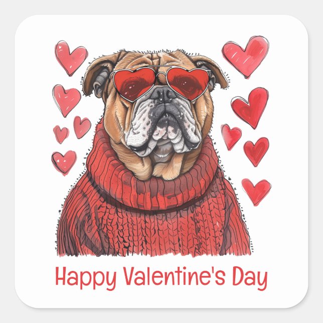 Happy Valentines Day English Bulldog Quadratischer Aufkleber (Vorderseite)